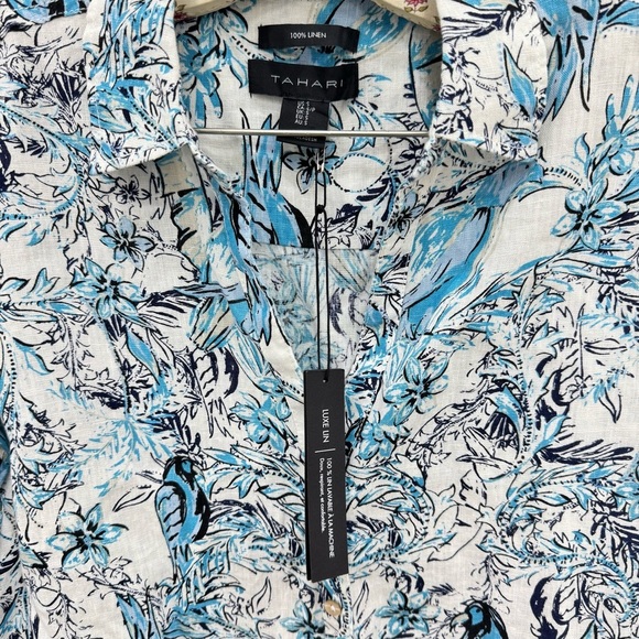 Tahari Linen Blue Birds Buttondown shirt size New with tags Sz Small - Picture 2 of 3